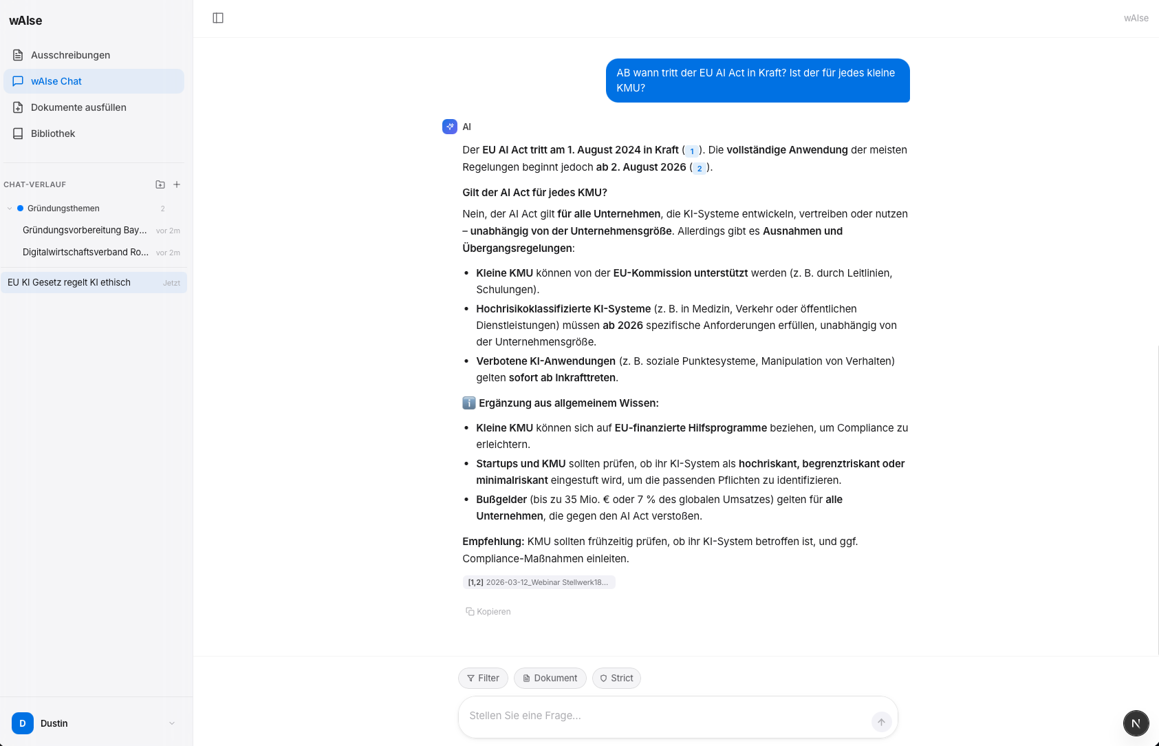 wAIse KI-Chat Interface – RAG-basierter Unternehmens-Chat für Wissensmanagement und Ausschreibungen